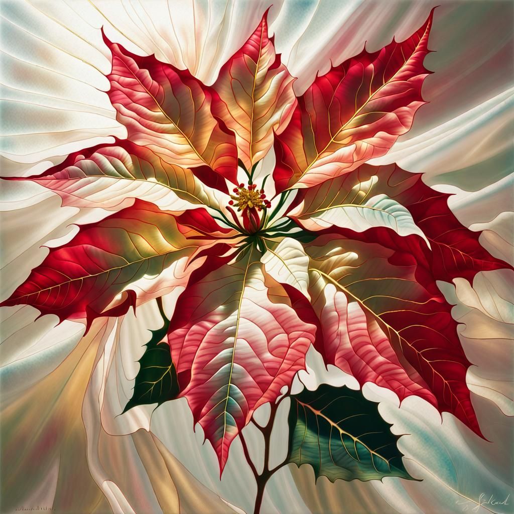 Opalescent Poinsettia on Luminous Silk Fabric