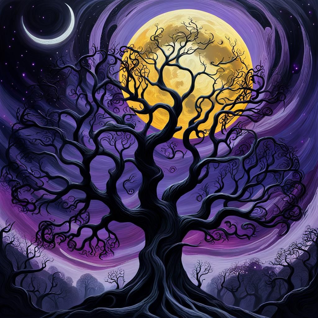 Gothic Moon and Swirling Trees in Oil Painting