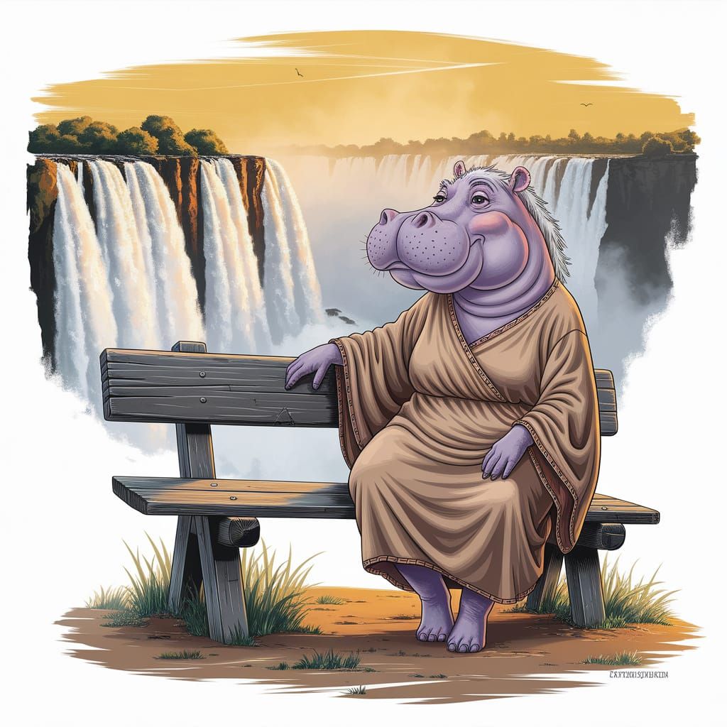 Hippo Contemplating Victoria Falls as Gouache Painting