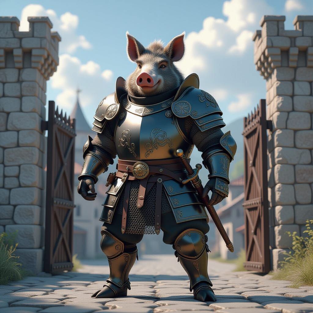 Armored Boar Guarding City Gate in Anime Style