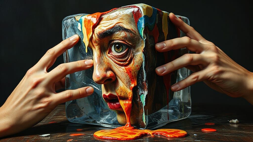 Surreal Painting of Agonized Face Melting on Ice Cube