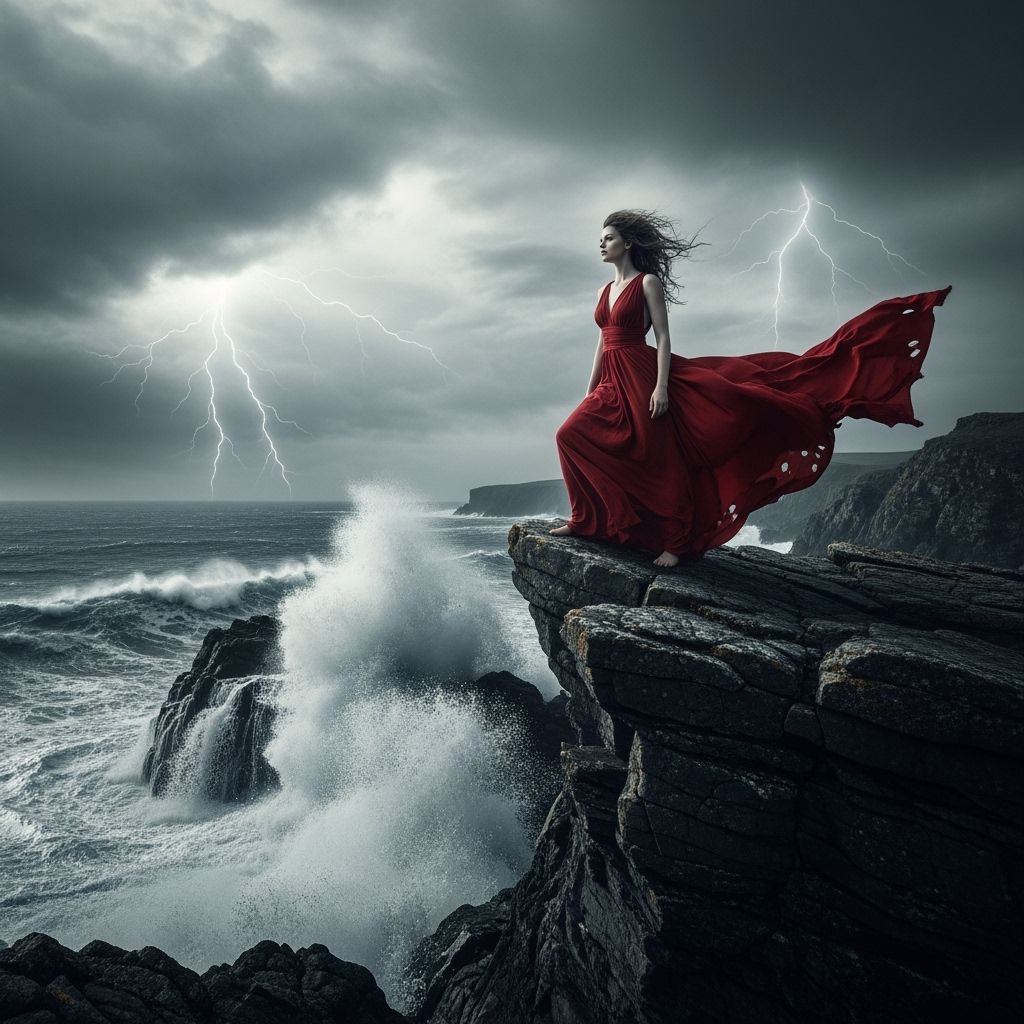 Woman on Windswept Cliff Overlooking Stormy Sea