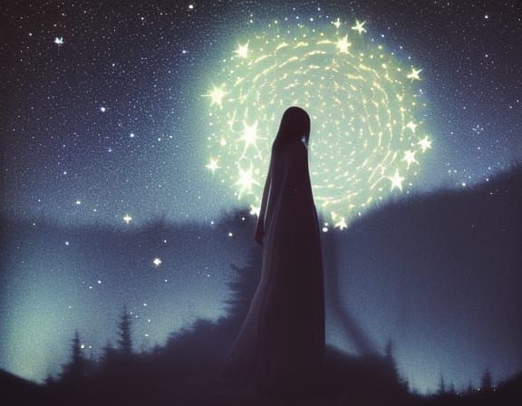 Celestial Woman in Surreal Starry Night Fairytale