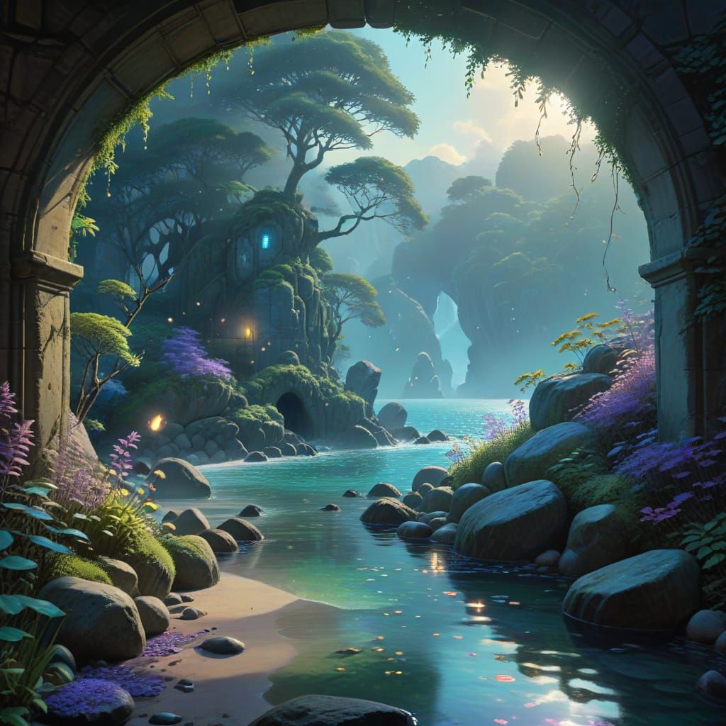 Enchanted Cove With Bioluminescent Flora And Iridescent Pebb...