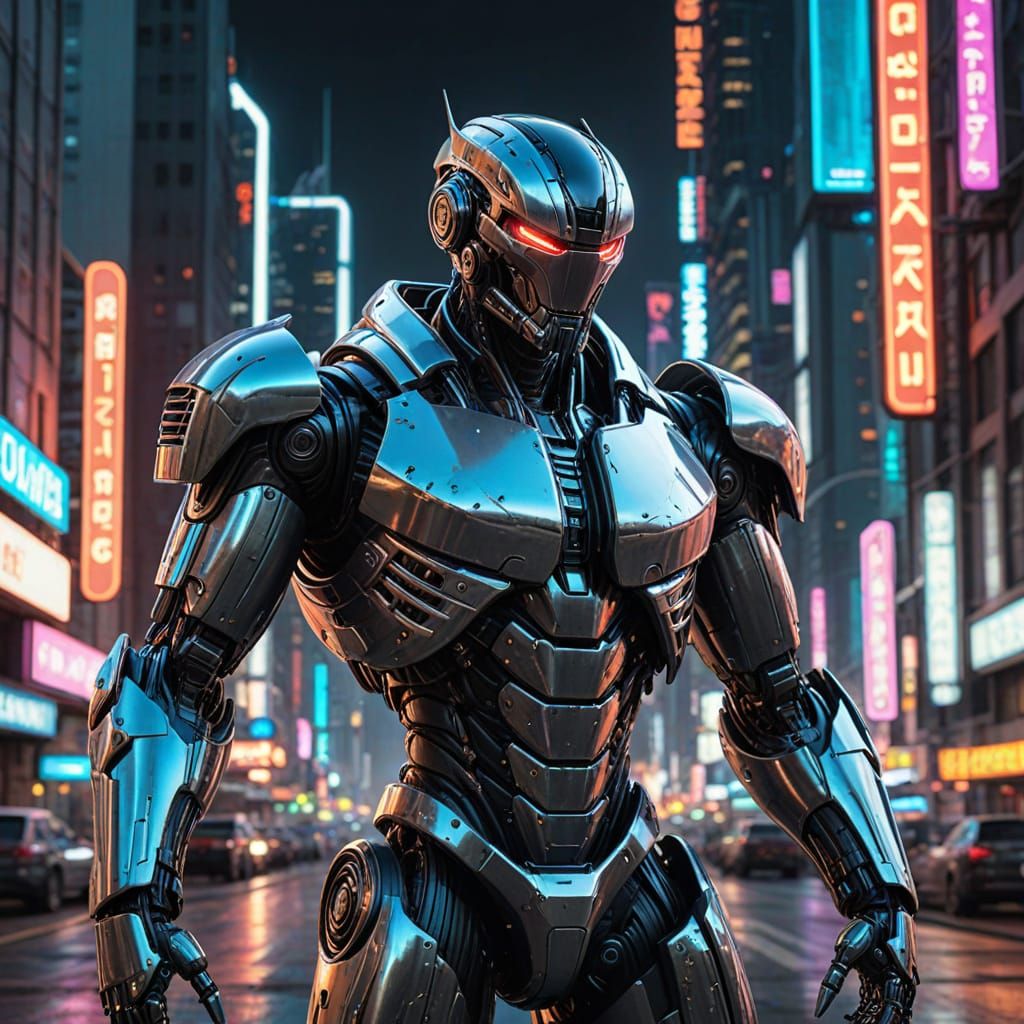 Cyberpunk Robot in Futuristic Cityscape