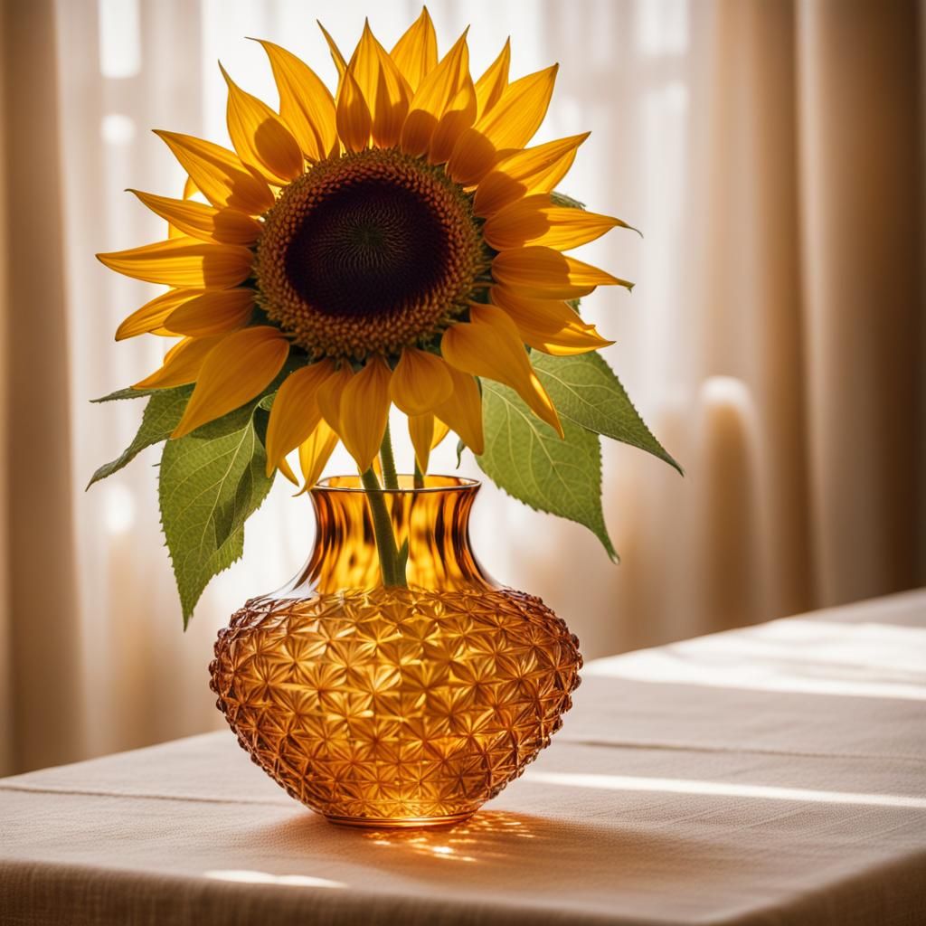 Sunflower in Amber Crystal Vase Still Life