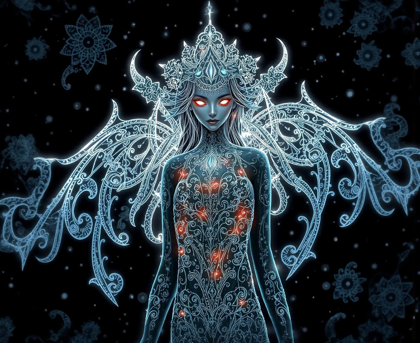 Ethereal Bioluminescent Maiden with Silver Filigree