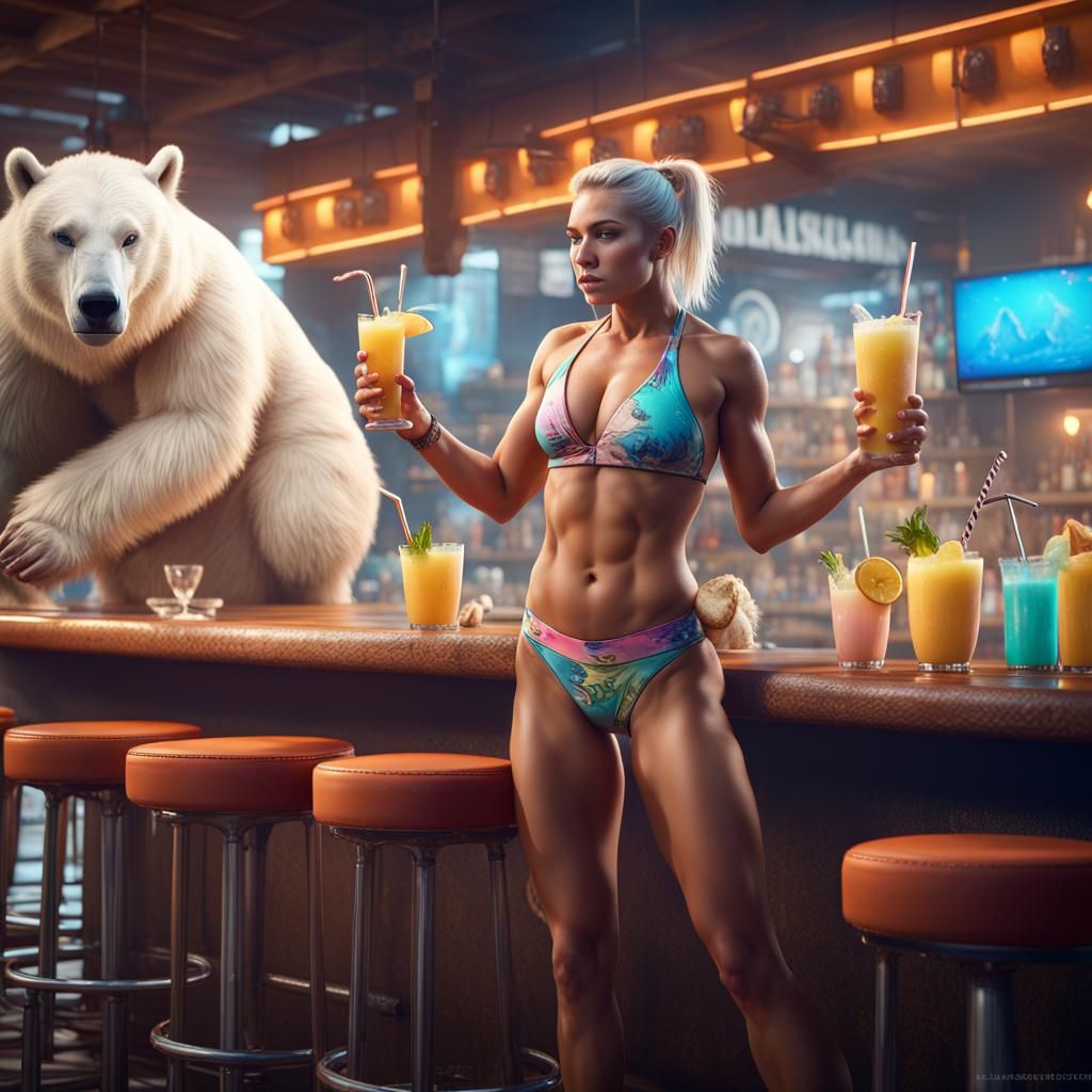Bikini Athlete with Unicorn and Polar Bear, Detailed Paintin...