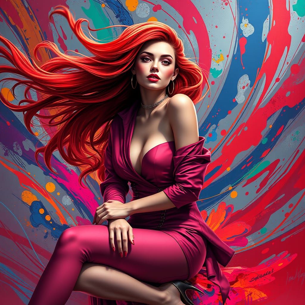 A vibrant and stylized artwork features a glamorous woman wi...
