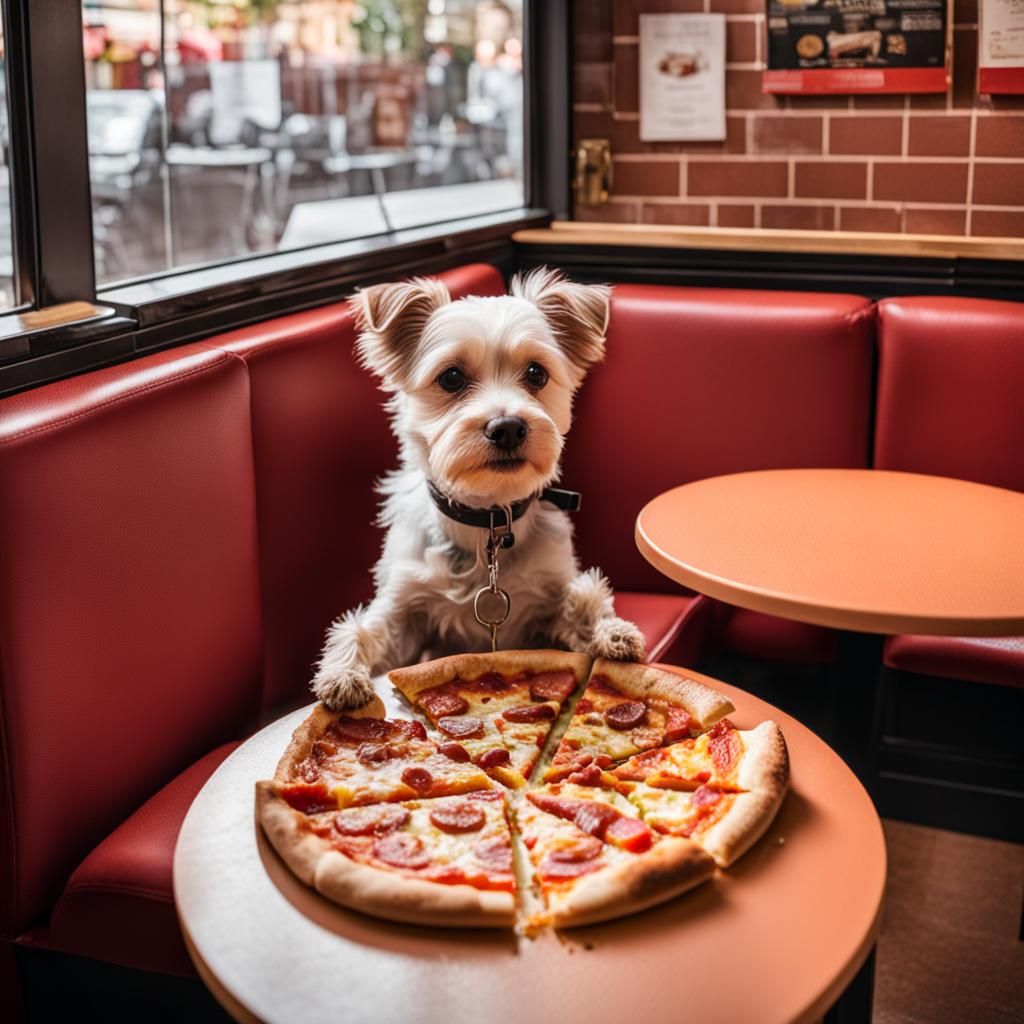 Dog Eating Pizza in Restaurant