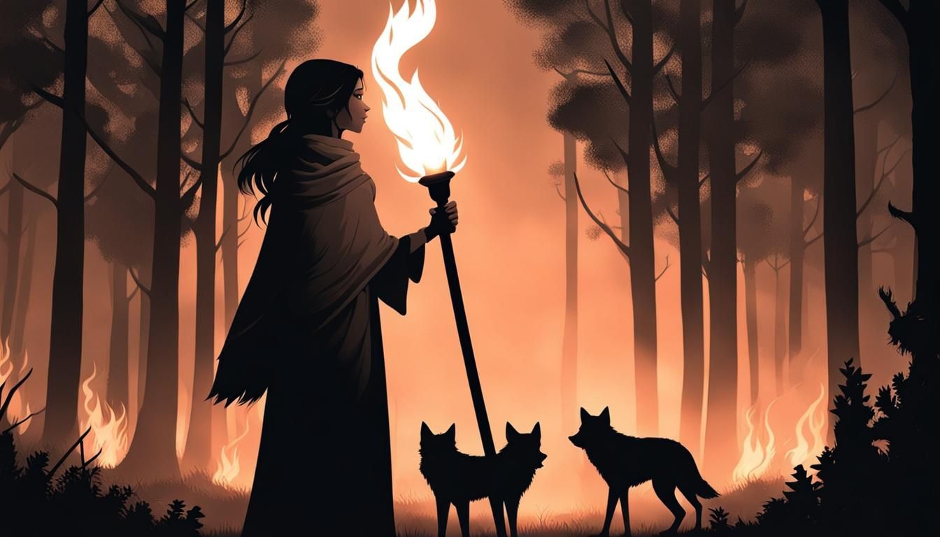 Fierce Girl with Torch in Dark Fantasy Forest