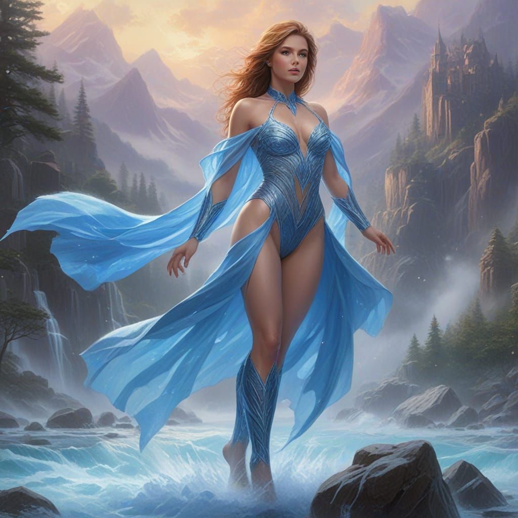 Ethereal Fantasy Women in Blue Lightning and Ice