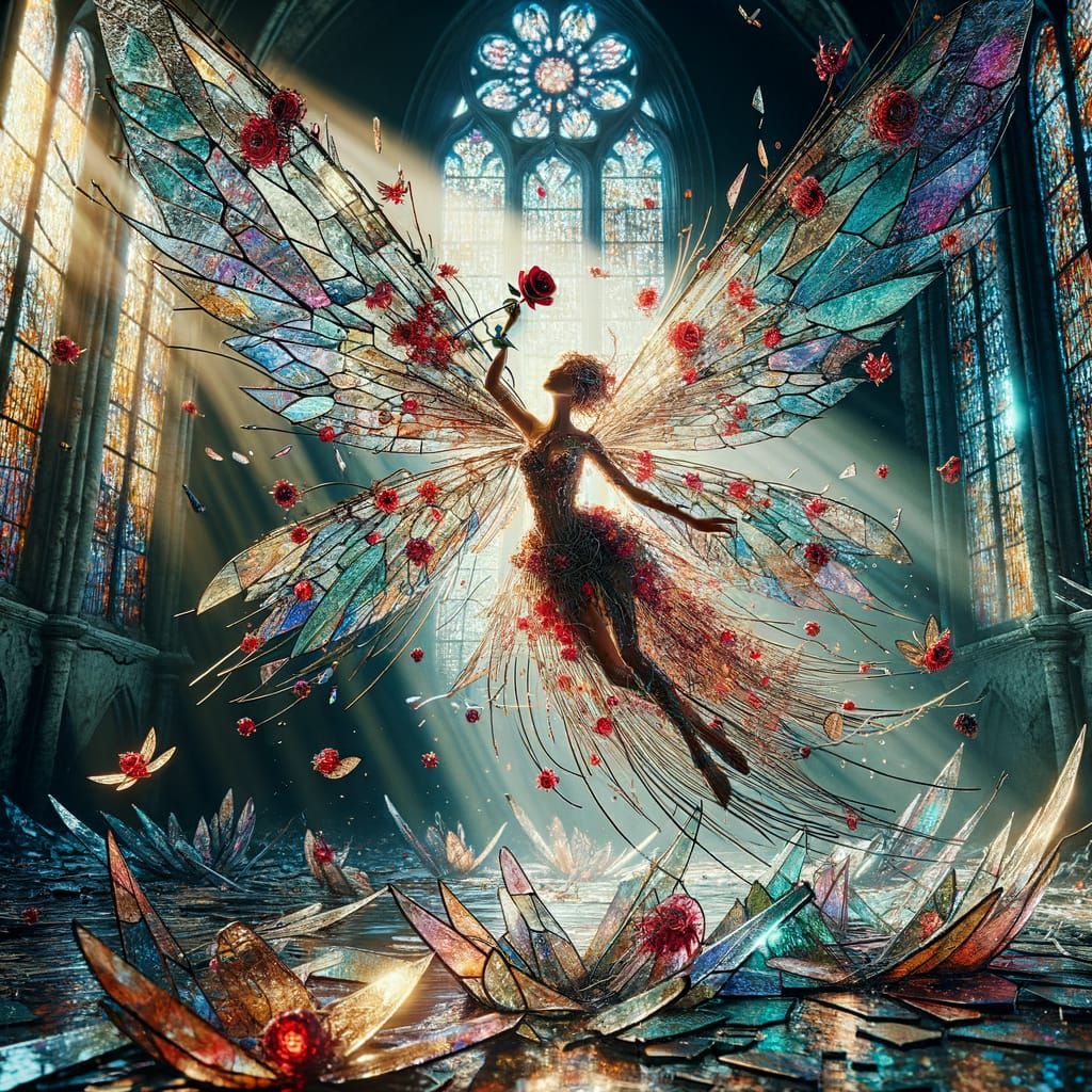 Glass Fairy in Abandoned Church, Illuminated by Vibrant Ligh...