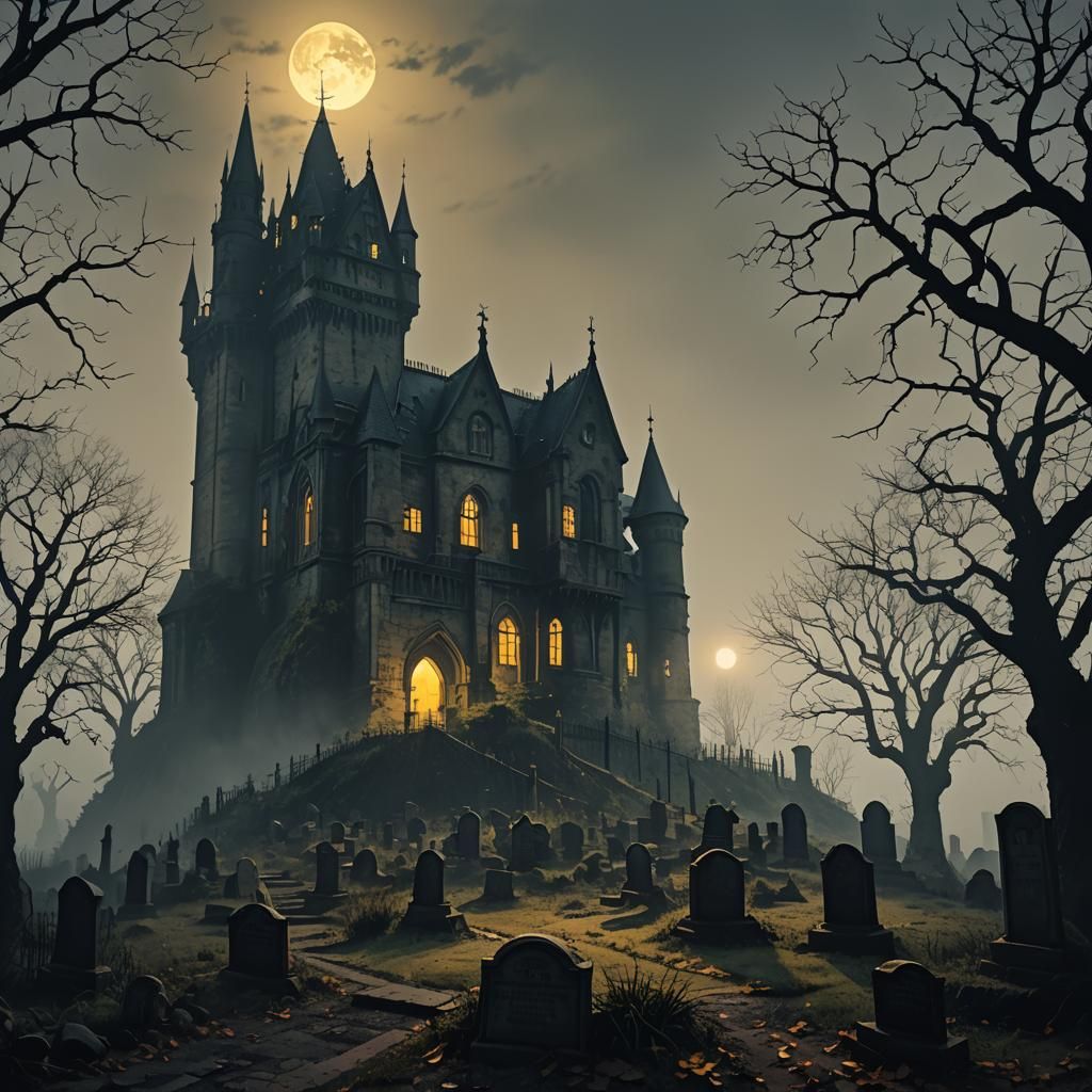 Gothic Castle Landscape in Moonlight