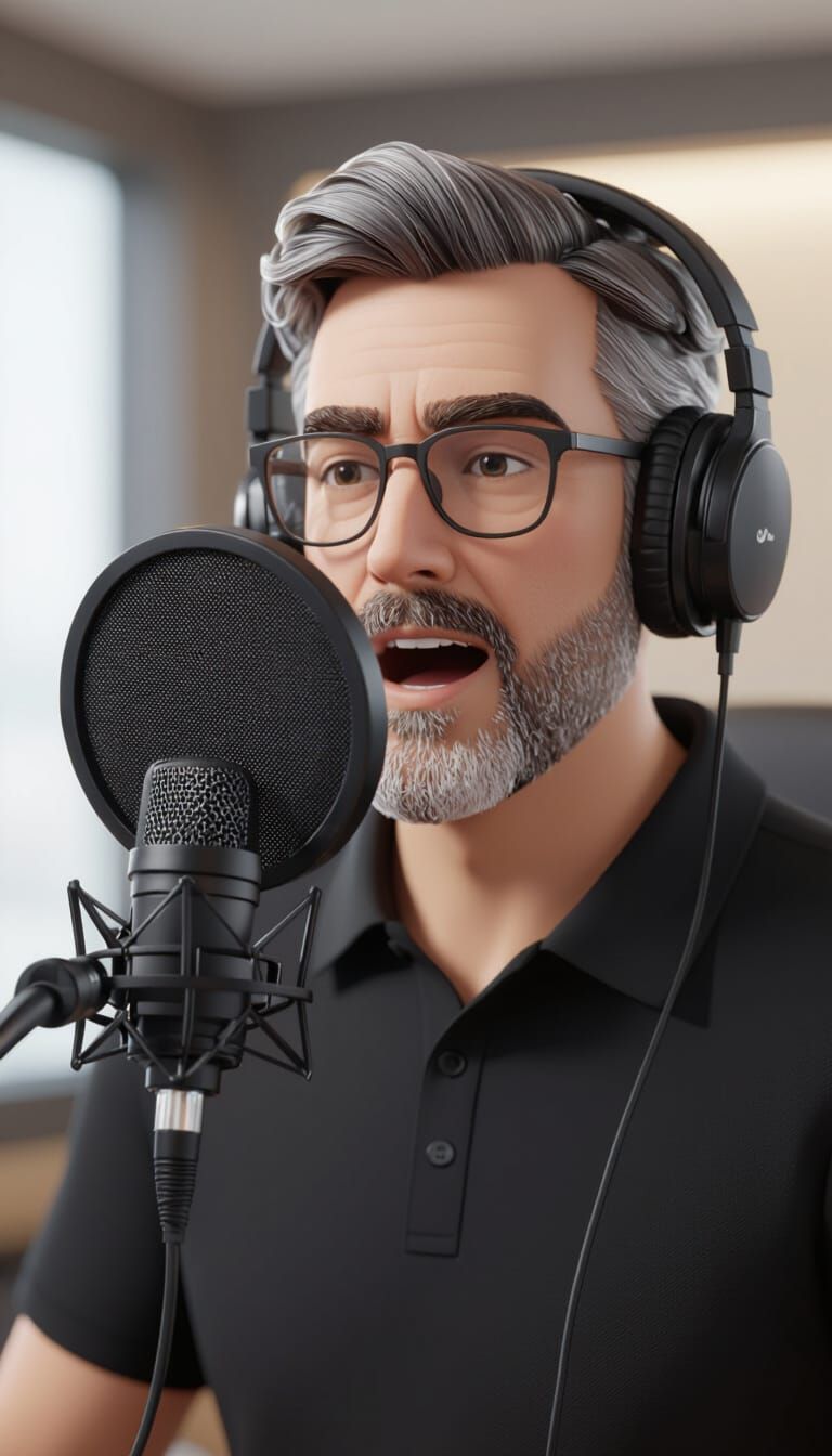 Studio Portrait of Man Speaking Into Microphone in 3D Anime ...