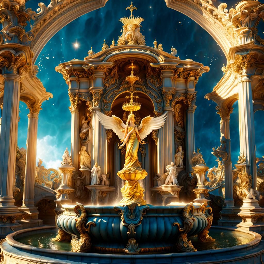 Angelic Fountain in Ethereal Garden: Baroque Rococo Render