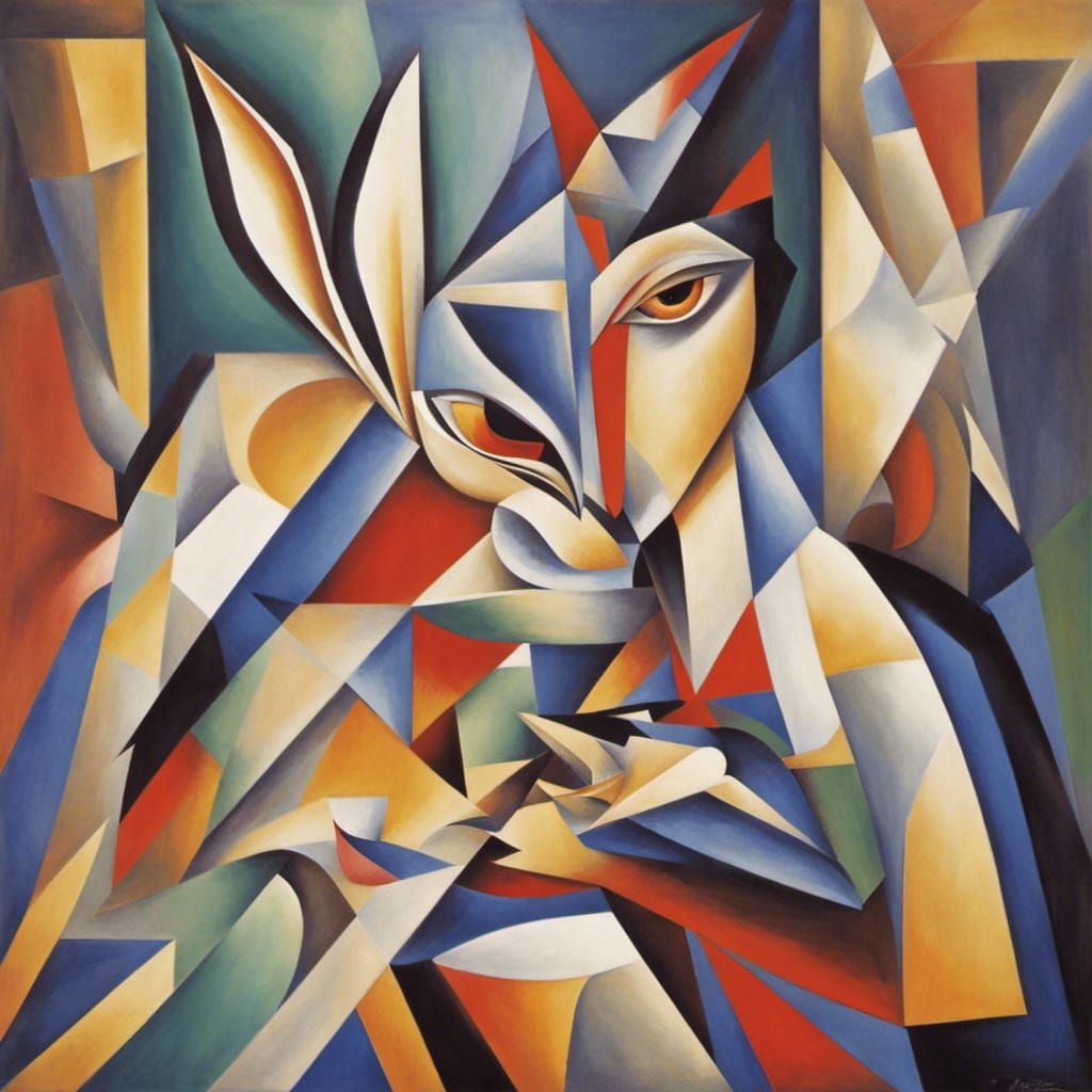 Rabbit Portrait with Crystal Eye in Cubist Style