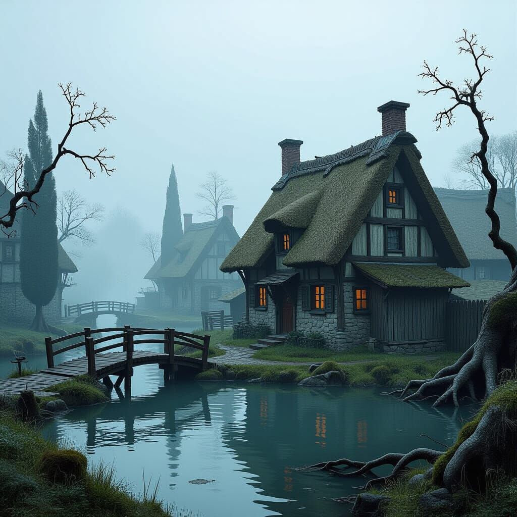 Medieval Swamp Village in Digital Painting Style
