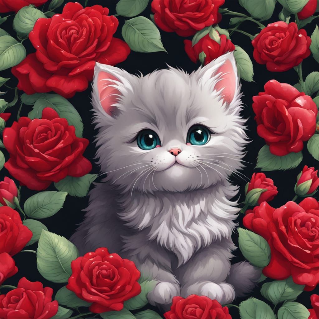 Chibi Kitten Amidst Vibrant Roses in Anime Style