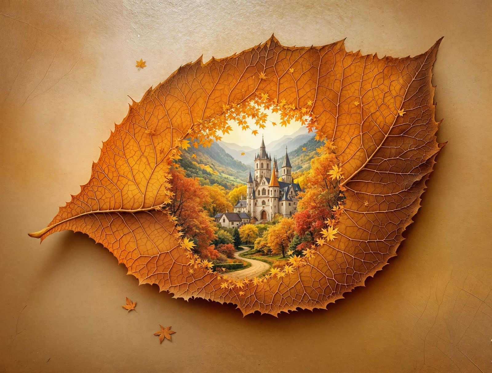 Autumn Village Panorama Through Dried Leaf