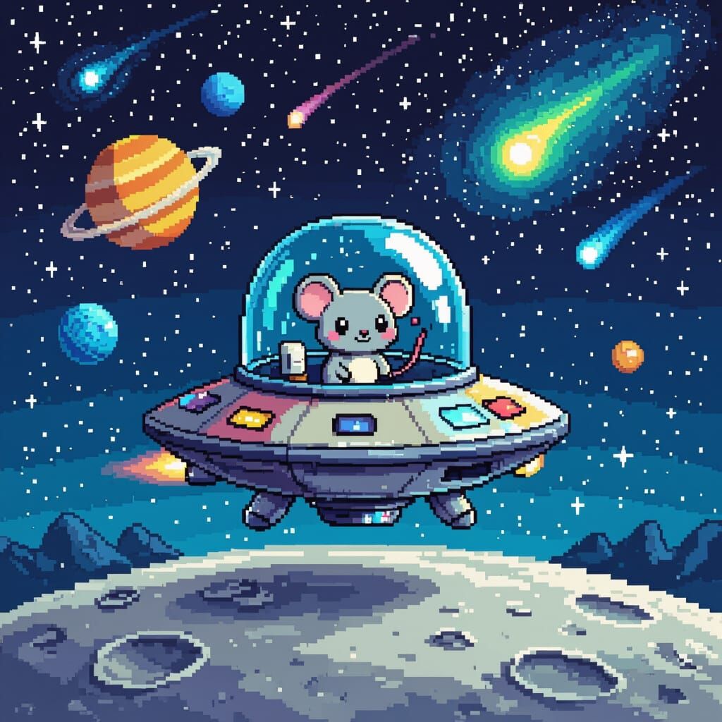 Pixel Cartoon Alien Spaceship with Mouse on Moon