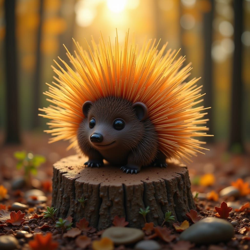 Porcupine on Tree Stump at Sunset