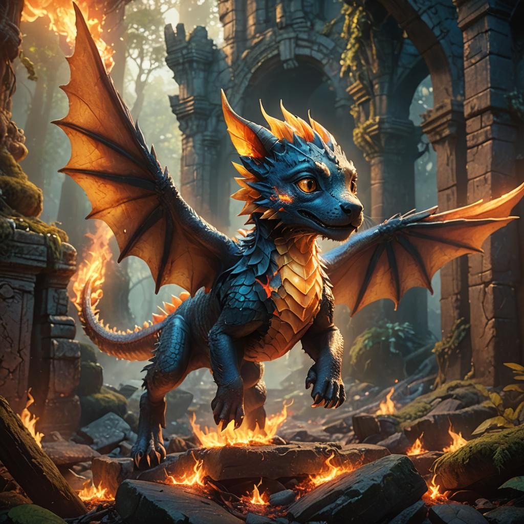 Dragon Puppy in Mystical Forest Ruins