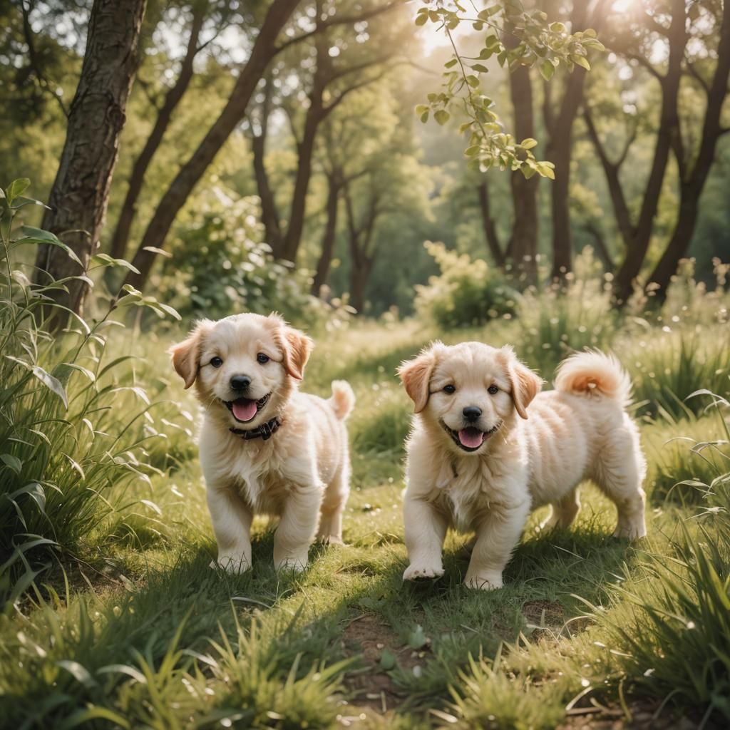 Adorable Puppies Playing in a Lush Meadow