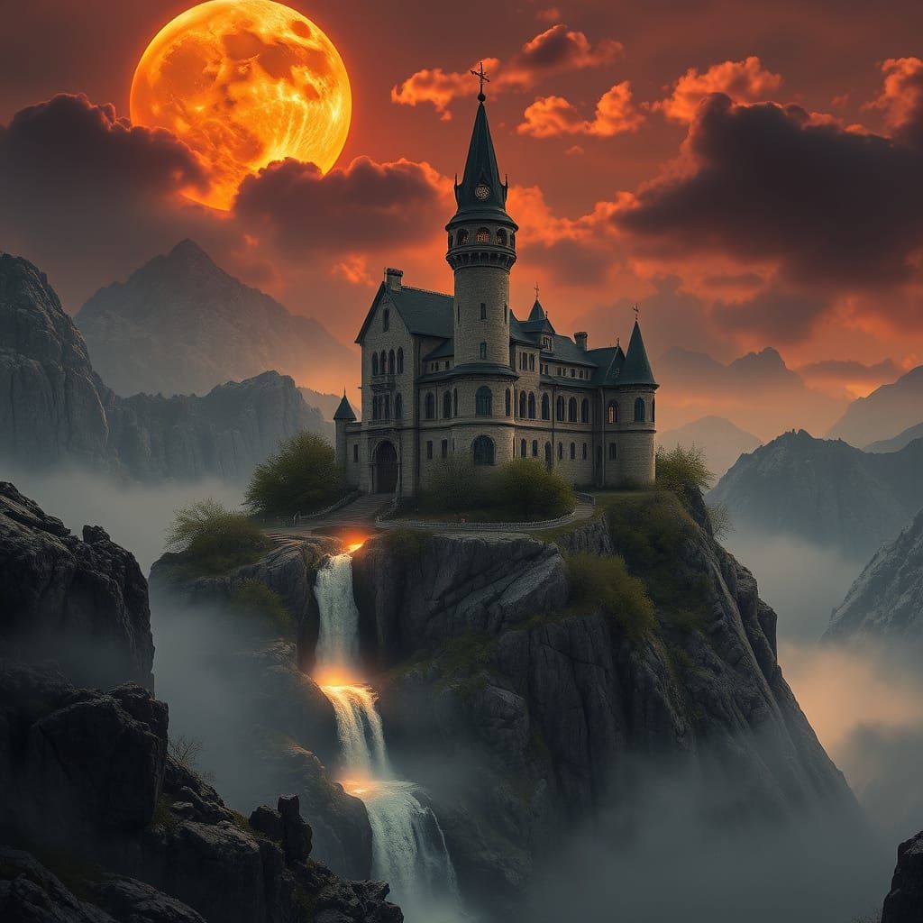 Mystical Fantasy Castle on a Mountain Under a Vibrant Orange...