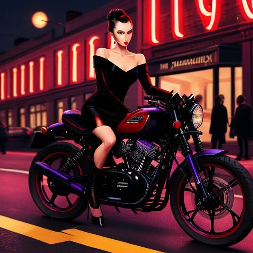 Glamorous Secret Agent Rides Motorcycle at Night
