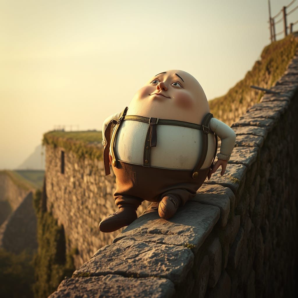 Colossal Egg in Earth-Toned Suspenders Sits on Weathered Wal...