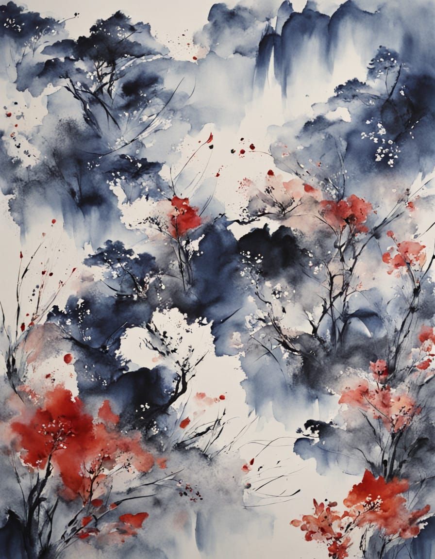 Dynamic Ink Wash Painting with Vibrant Splashes