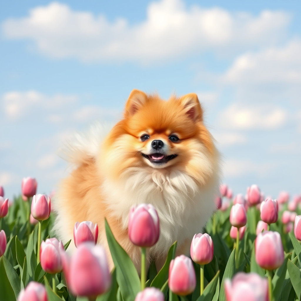 Pomeranian Puppy in a Tulip Field