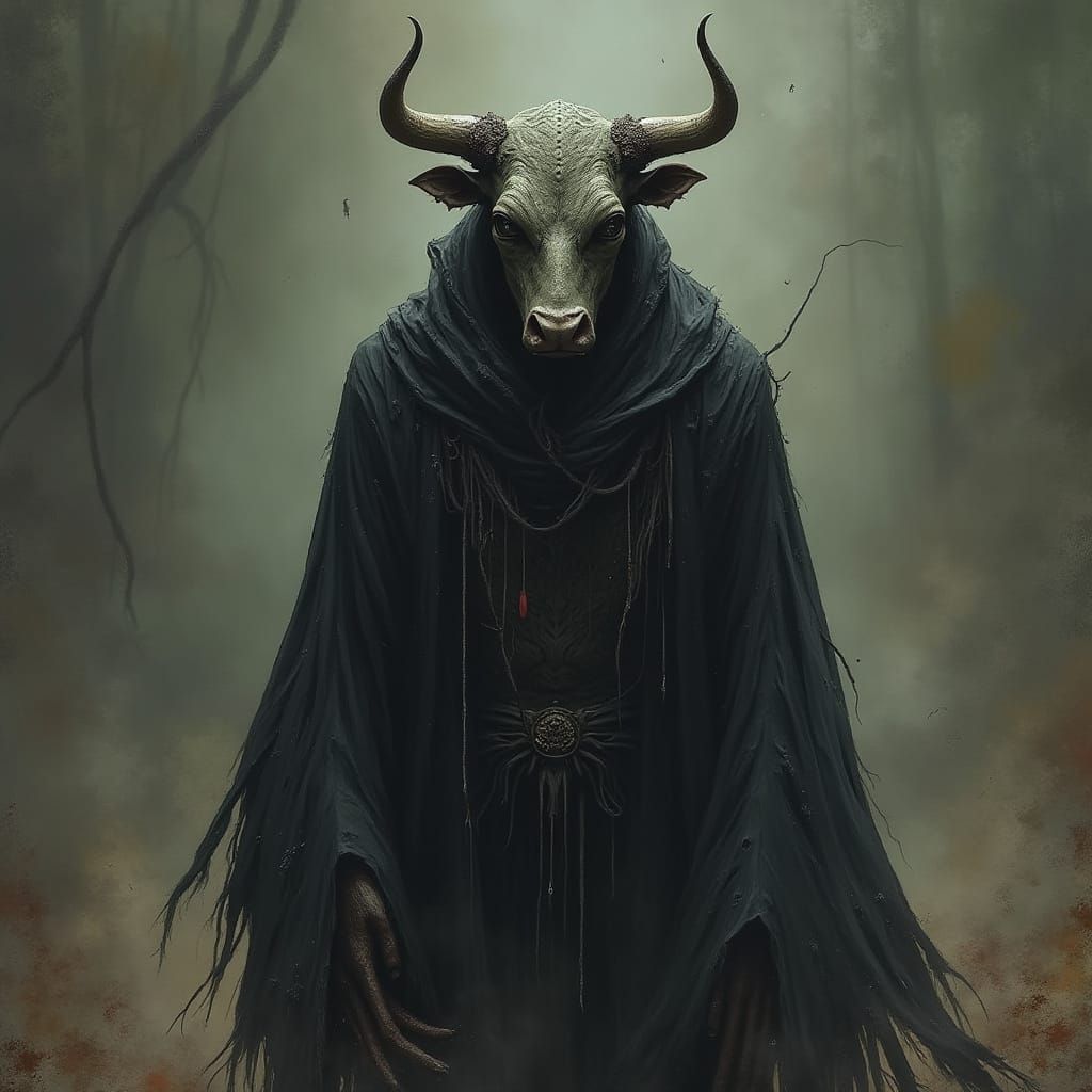 Dark Entity with Twisted Cow Head and Humanoid Body in Omino...