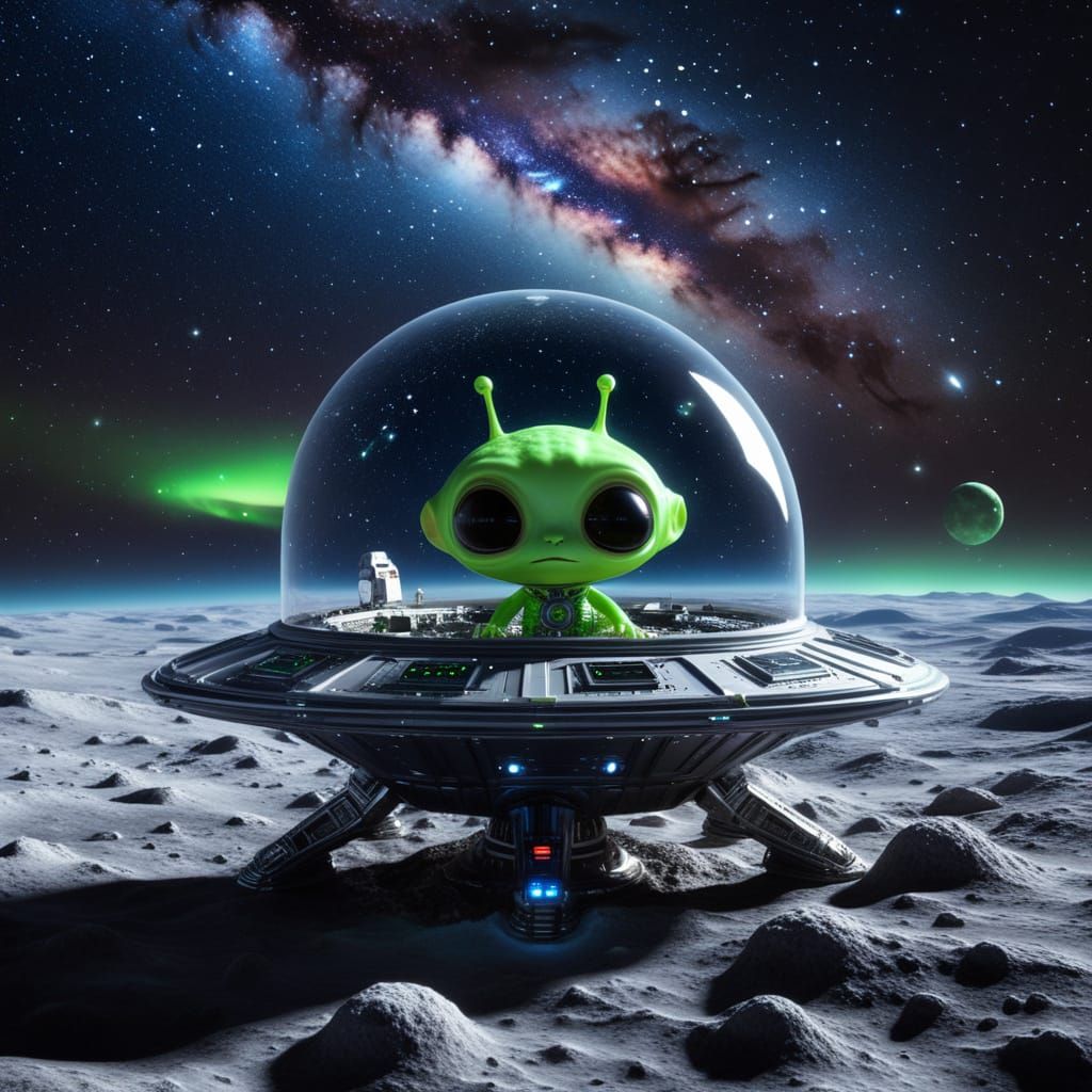 Hyperrealistic Chibi Alien Spaceship on the Moon