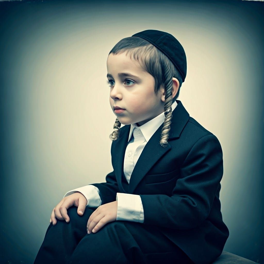Young Haredi Boy Contemplating in Dreamy Cyanotype Tone
