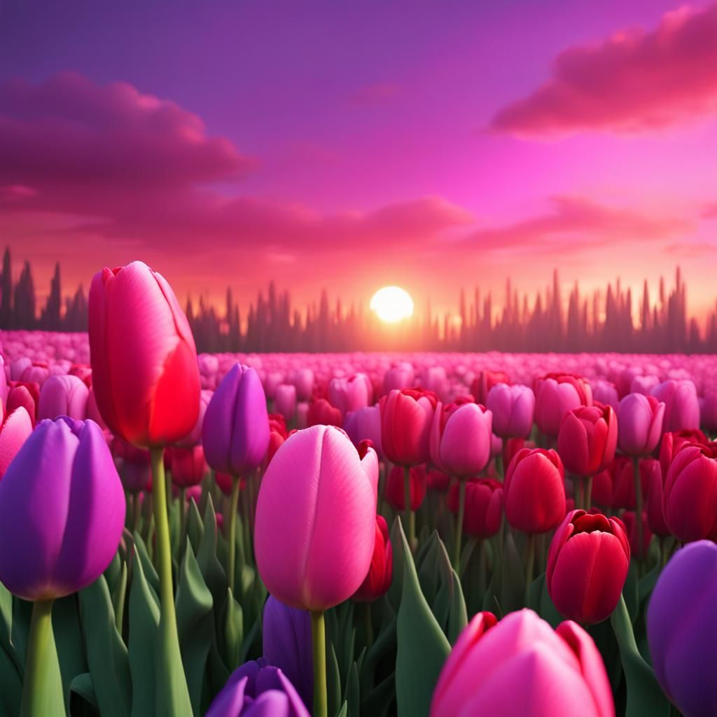 Tulip Field at Sunset: Pixar-Inspired 3D Digital Art