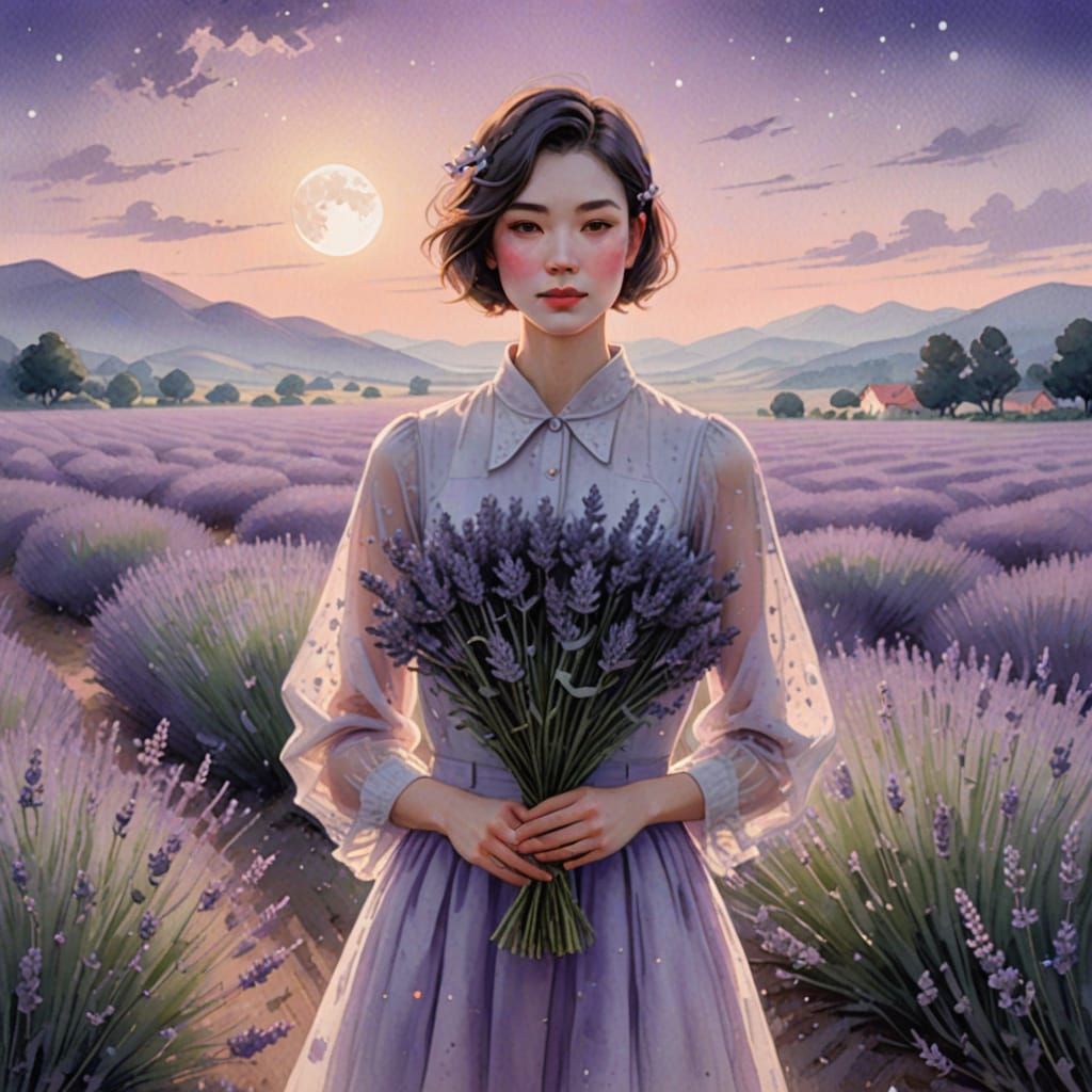 Elegant Woman in Lavender Field at Dawn
