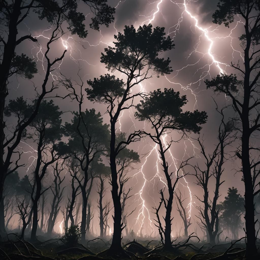 Dramatic Lightning Storm Over Dark Forest