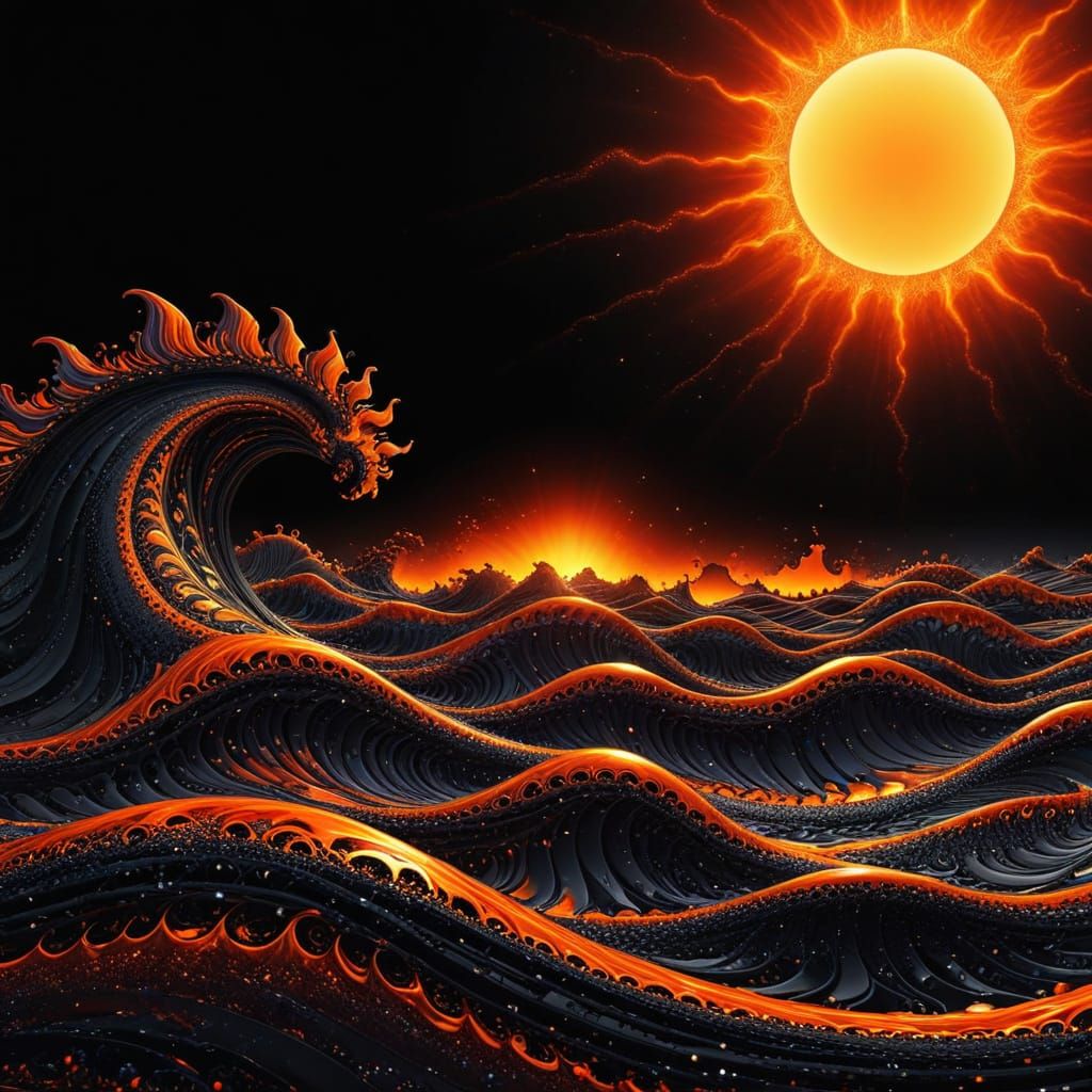Cosmic Sun Rises Over Wavy Oceanic Landscape