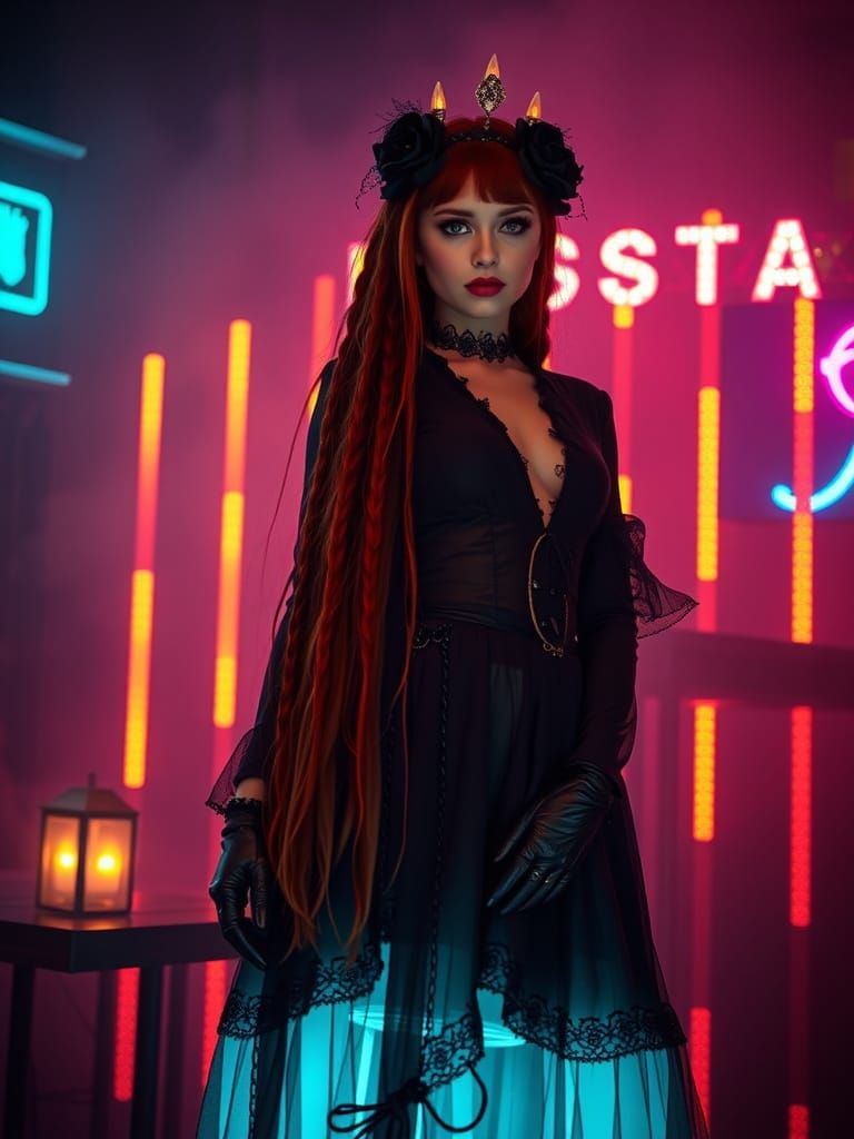 Ethereal Gothic Tsaritsa in Neon Nightclub