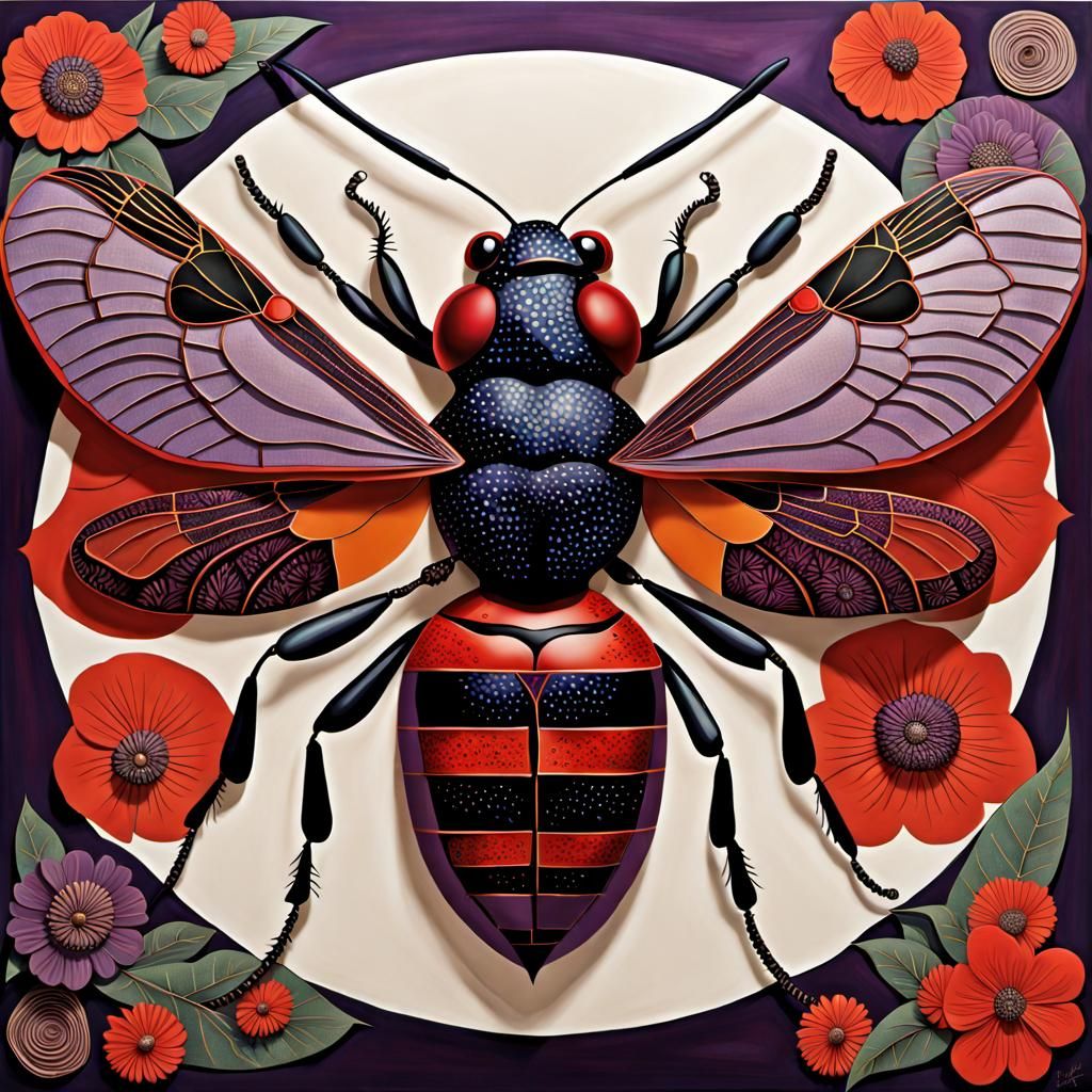 Vermilion Wasp Poster Art in Naive Style