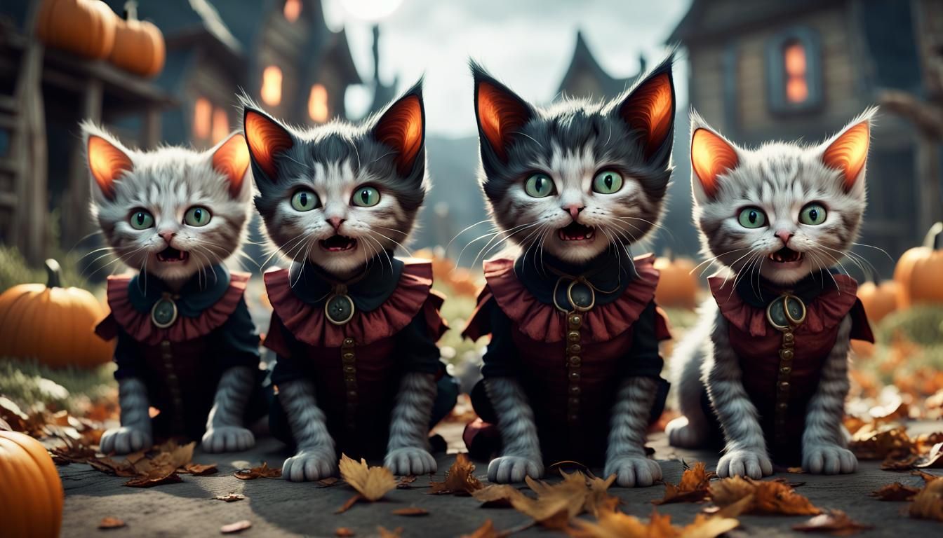 Frightening Kittens in Halloween Costumes: 3D Render