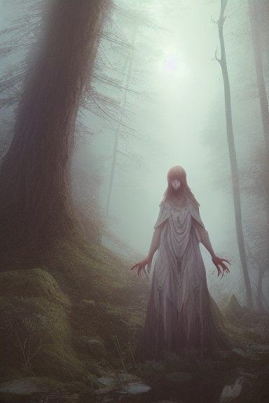 Ethereal Beauty in Misty Forest: Digital Illustration