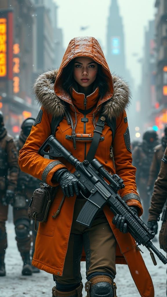 Sci-Fi Warrior Woman in Cyberpunk Marketplace