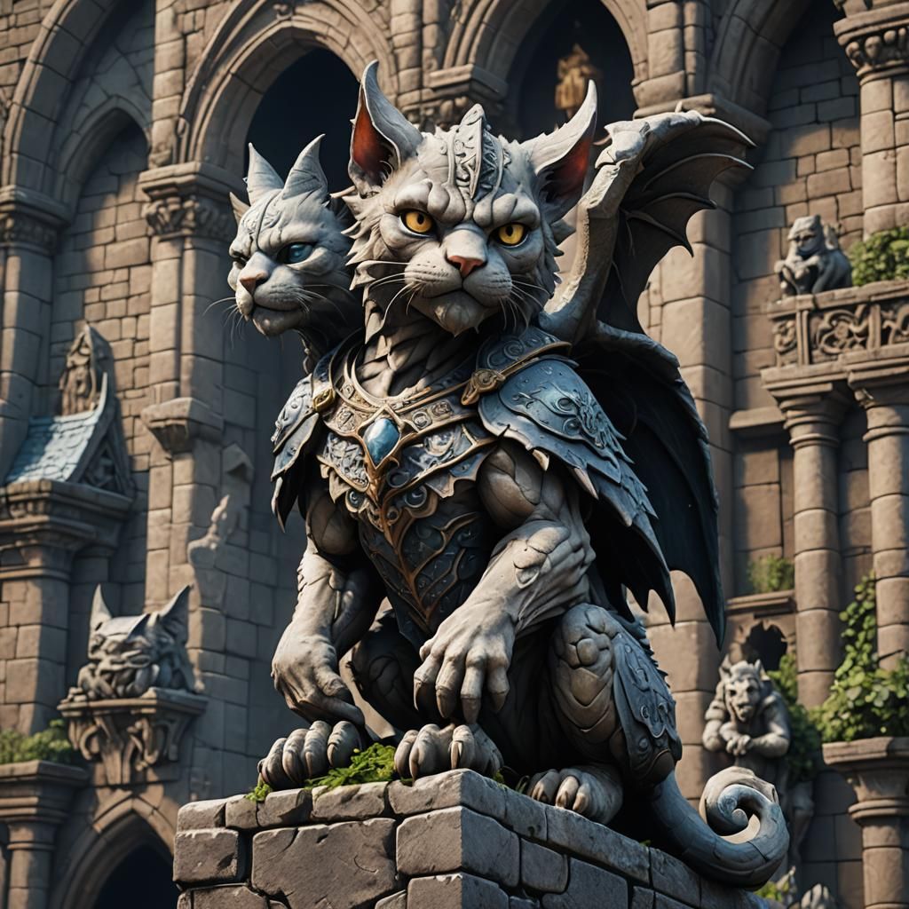 Stone Gargoyle and Cat in Detailed Matte Painting