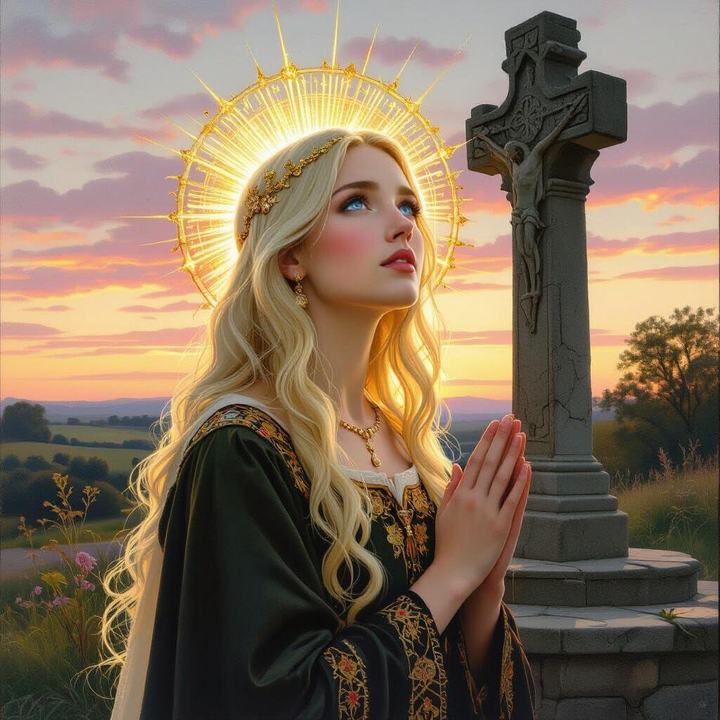 Holy Woman by Ancient Well at Dawn, Painterly Style