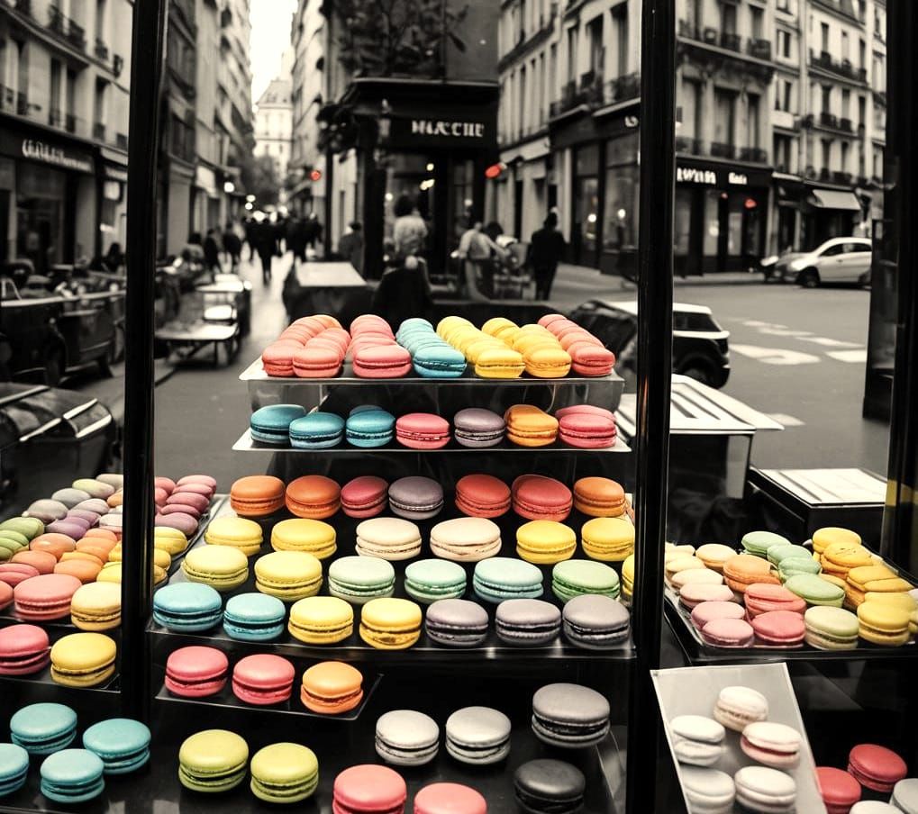 Rainbow Macarons in Black and White Paris Street