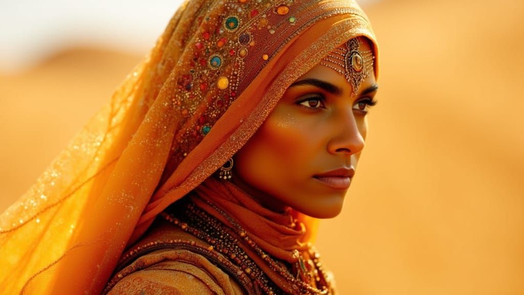 Regal Middle Eastern Woman in Golden Desert Sands, Klimt Sty...