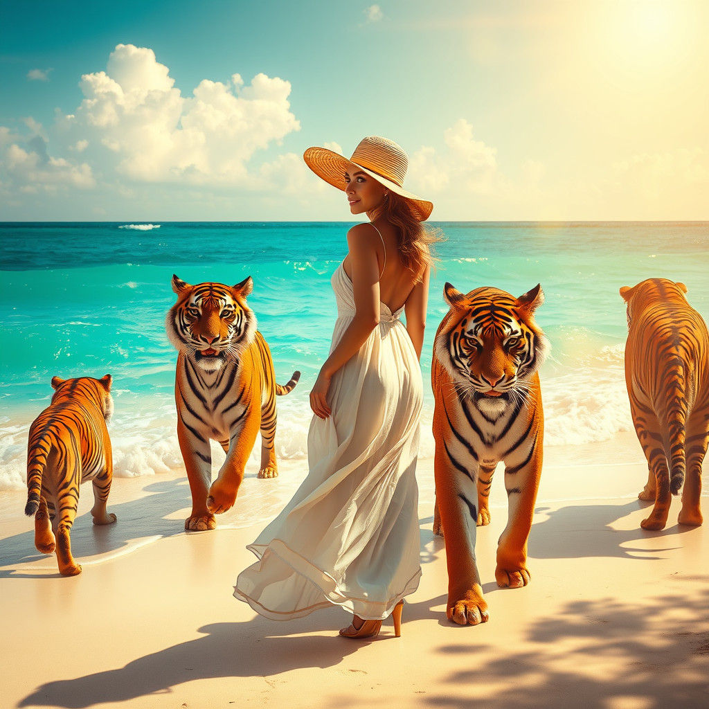 Woman with Tigers on Beach in Surreal Style